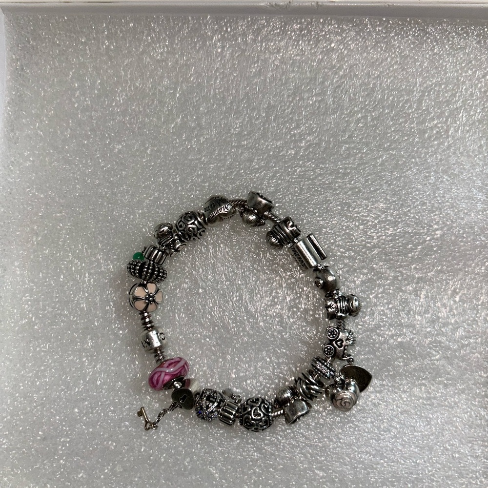 Vintage Pandora Silver Bracelet with Pink and Green Charms